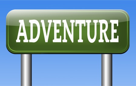 Green road sign with the word "ADVENTURE" in bold white letters against a blue sky background.