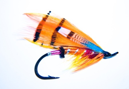 A brightly colored fishing fly with orange, yellow, blue, and black feathers attached to a fishing hook.