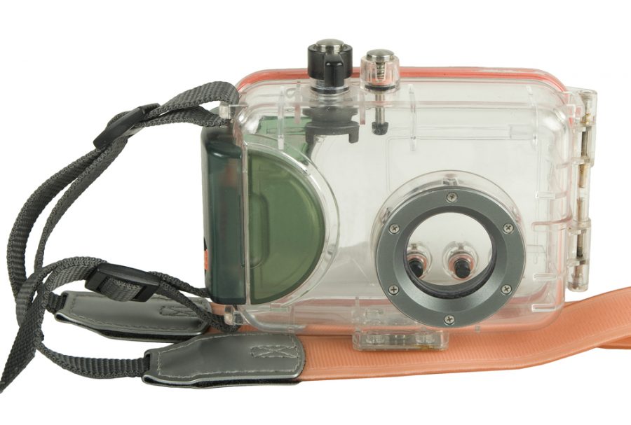 Clear waterproof camera case with black and orange straps, designed for underwater photography.