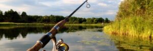 A fishing rod held over a calm lake with lily pads, surrounded by green trees and reeds under a partly cloudy sky.