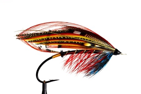 Colorful artificial fishing fly with feather and thread details, set against a plain white background.