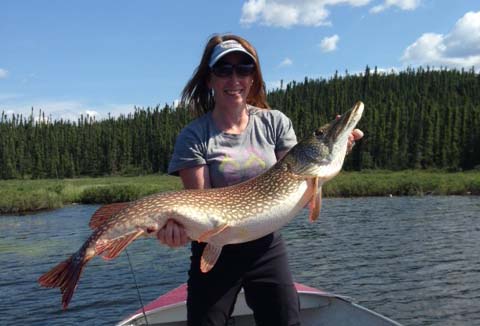 Person standing on a boat holds a large fish with both hands, with a forested shoreline in the background.