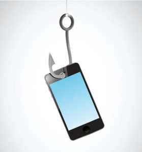 A smartphone is hooked by a large fishing hook hanging from a line against a plain background.