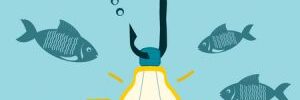 Illustration of a lightbulb hanging from a fishing hook, surrounded by six fish and bubbles on a blue background.
