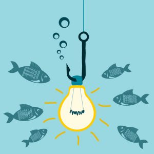 Illustration of a lightbulb hanging from a fishing hook, surrounded by six fish and bubbles on a blue background.