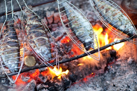 Four whole fish are grilling over an open flame on metal racks above hot coals.