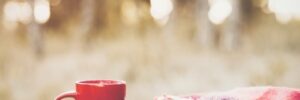 A red mug, pinecones, and a red plaid blanket sit on a wooden surface outdoors with a blurred background.