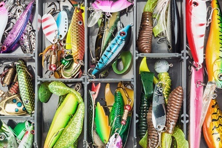 A tackle box filled with various colorful fishing lures and soft plastic baits organized in compartments.