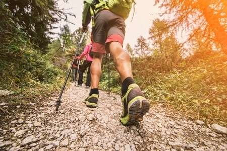Close-up of hikers walking uphill on a rocky trail with trekking poles in a wooded area on a sunny day.