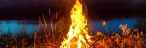 A campfire burns brightly near a lake at dusk, surrounded by dry grass and trees in the background.