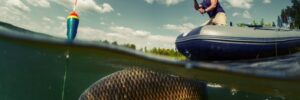 A man on an inflatable boat is fishing, with a large fish and a colorful float visible underwater.