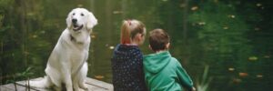 A dog sits on a wooden dock beside two children who are looking at the water in a green, outdoor setting.