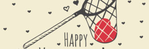A net catching red and black hearts with "Happy Valentine's Day" text, surrounded by small scattered hearts.