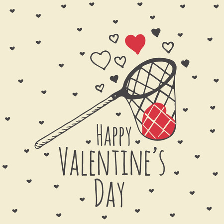 A net catching red and black hearts with "Happy Valentine's Day" text, surrounded by small scattered hearts.
