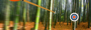 An arrow flies toward a target attached to a bamboo tree in a forest with a blurred background.