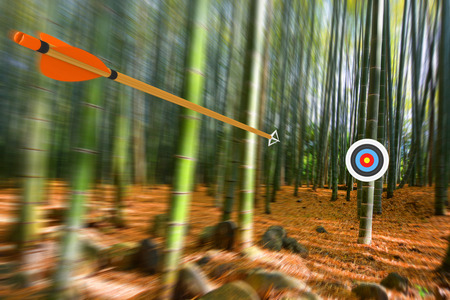 An arrow flies toward a target attached to a bamboo tree in a forest with a blurred background.