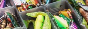 A tackle box filled with assorted colorful fishing lures and bait, organized in separate compartments.