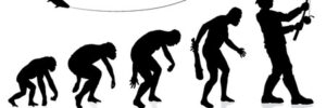 Silhouettes depict human evolution stages, ending with a person standing and fishing with a rod.