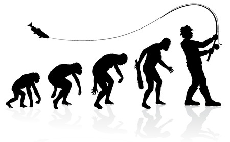 Silhouettes depict human evolution stages, ending with a person standing and fishing with a rod.