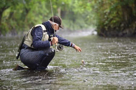A person in fishing gear kneels in a river, reaching toward a fish caught on a fishing line.