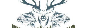 Logo with a deer head, two fish, flying birds, trees, and the text “Hunting & Fishing” in bold letters.