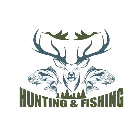 Logo with a deer head, two fish, flying birds, trees, and the text “Hunting & Fishing” in bold letters.