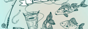Hand-drawn illustration of fishing gear, including a rod, hooks, boots, net, bucket, fish, and bobbers.