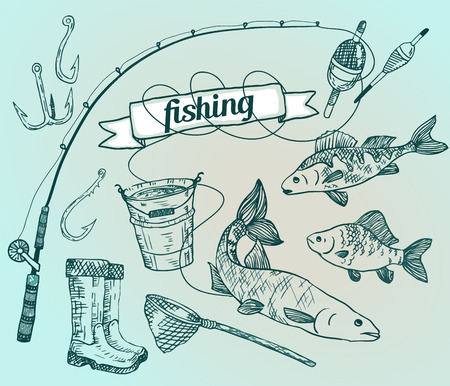 Hand-drawn illustration of fishing gear, including a rod, hooks, boots, net, bucket, fish, and bobbers.
