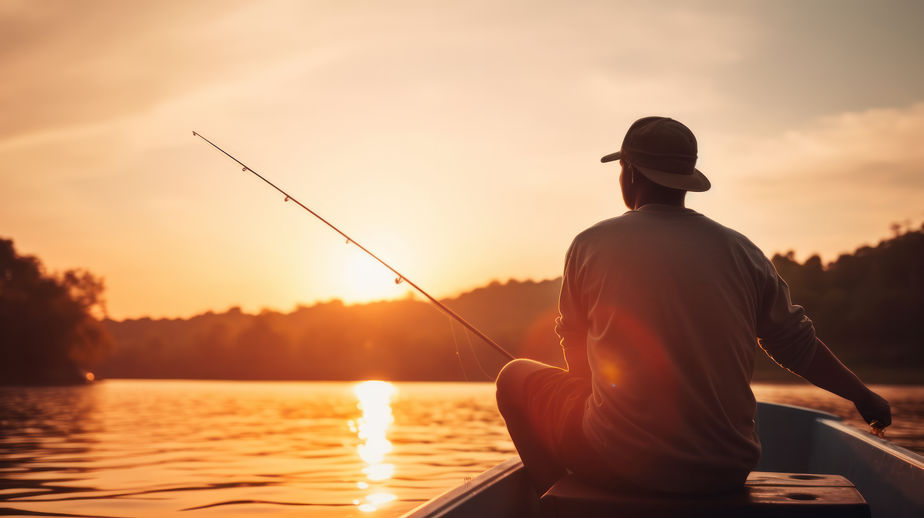 Young man fishing on a lake from the boat at sunset