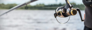 Close-up of a person holding a fishing rod and reel by the water, with blurred trees in the background.