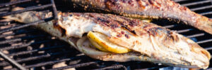Whole fish stuffed with lemon slices grilling on a barbecue over hot coals.