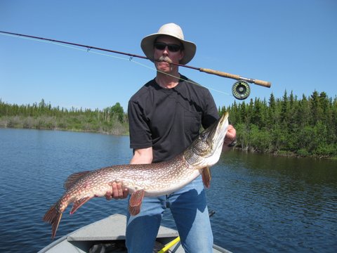 Man in hat holding a large fish and a fishing rod while standing in a boat on a lake with trees in the background.