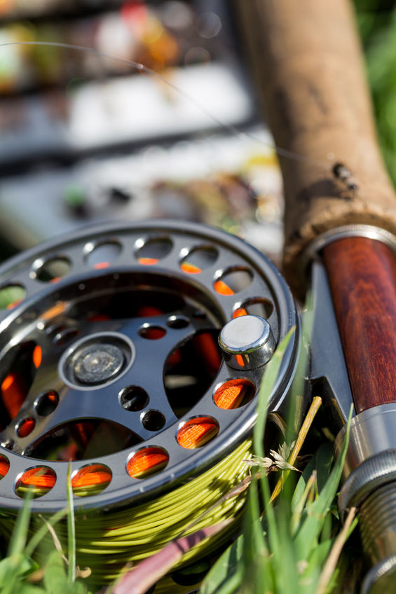 Close-up of a fishing reel and rod lying in the grass with a blurred tackle box in the background.