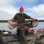 Man in camouflage and orange hat sits behind a moose carcass by a lakeside, with cut sections of meat on the rocks.