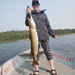 Person on a boat holding a large fish with trees and water in the background.