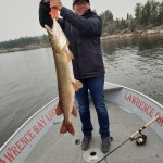 Person on a boat holding a large fish by the mouth with a tool, fishing rod on the ground, surrounded by water and trees.