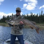 Person holding a large fish on a boat, with trees and a cloudy sky in the background.