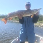 Person in a blue outfit standing in a boat, holding a large fish horizontally against a backdrop of water and trees.