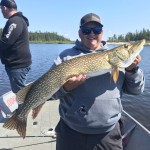 Person holding a large fish while standing on a boat with a forested shoreline in the background.