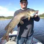 Person holds a large fish on a boat in a lake, with trees in the background and a clear blue sky above.