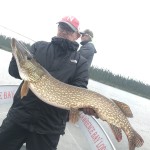 An angler in a red cap and black jacket holds a large fish on a boat, with another person in the background near a lake.
