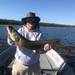 Person holding a large fish while standing on a boat in a lake, wearing a hat and sunglasses, with trees in the background.