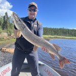 Man holding a large fish on a boat, surrounded by water and trees under a clear blue sky.