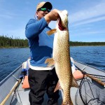 Person on a boat holding a large fish, with fishing gear visible and a forested shoreline in the background.