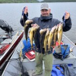 A man stands on a boat holding up a string of several caught fish with a lake and forested shore in the background.