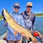 Two people on a boat; one holds a large fish with green and yellow markings under a bright blue sky.